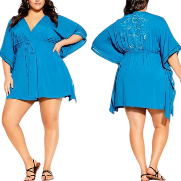 City Chic Sun Lover Swim Coverup Kaftan Embroidery Blue Size L/2X - Picture 1 of 10